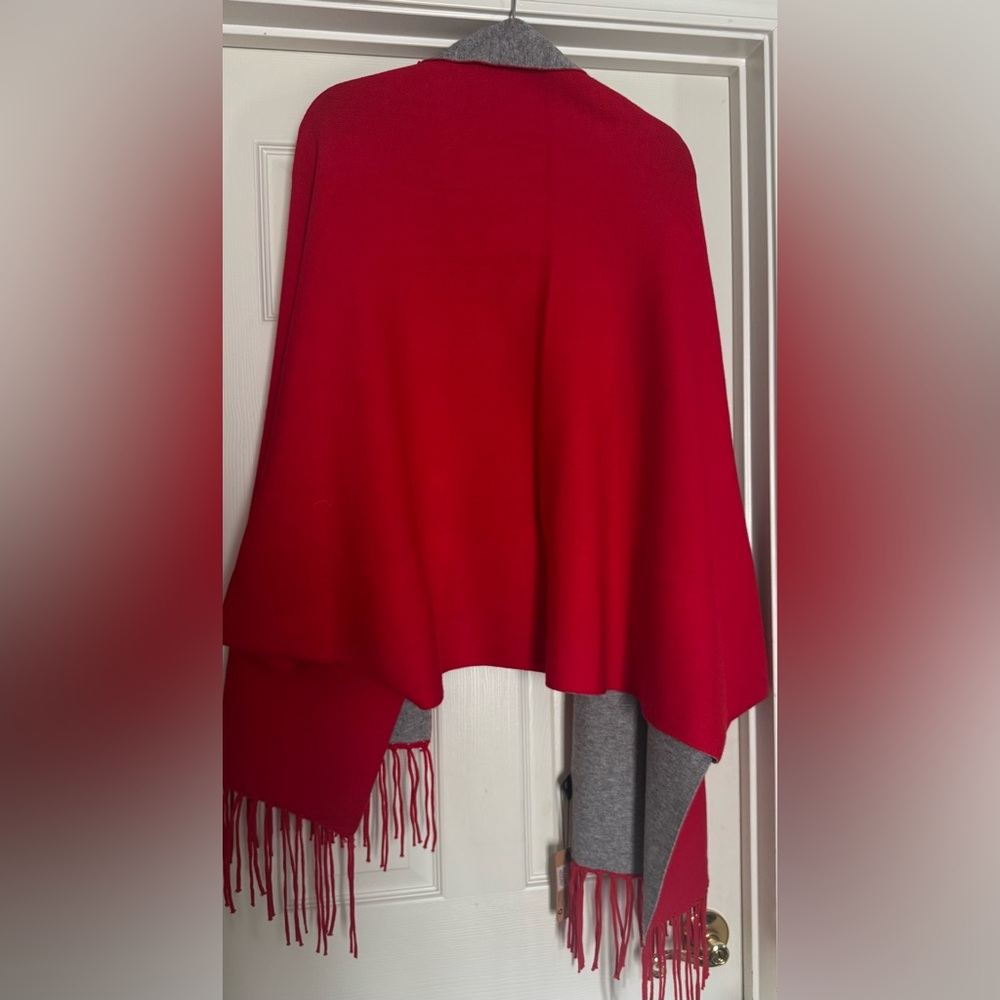 Elegant Red and Gray Women's Poncho Sweater with sleeves. - Picture 2 of 2